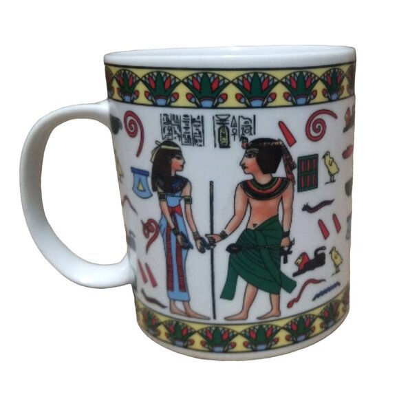 Egyptian-Themed Ceramic Mug With Hieroglyphic & Pharaoh Design White Vibrant Col - Picture 5 of 5
